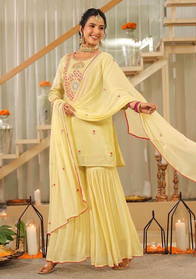 Pista Green Embroidered Tissue Sharara Set - Indya