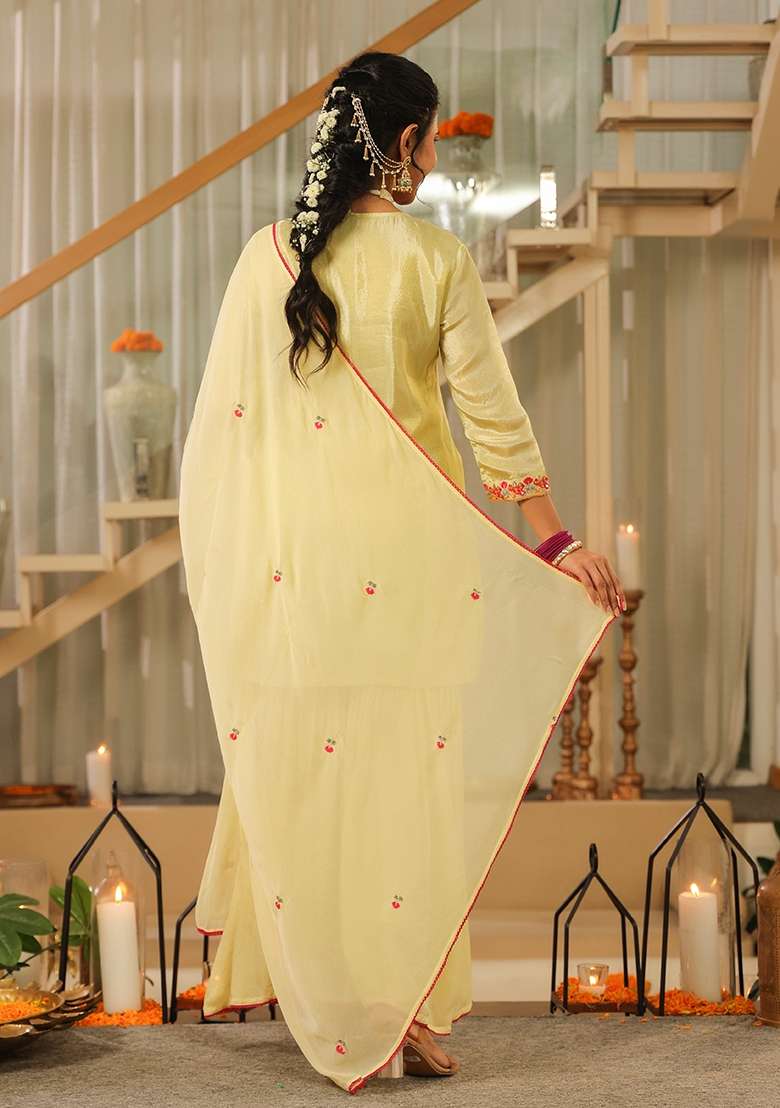 Pista Green Embroidered Tissue Sharara Set - Indya