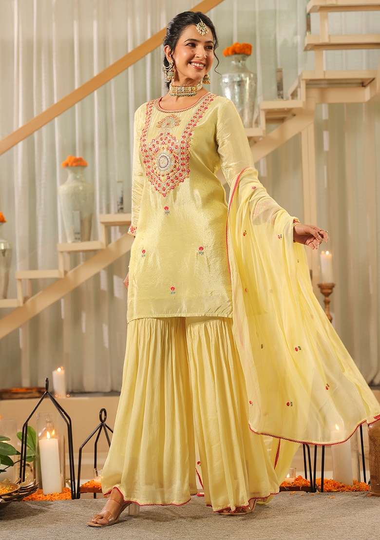 Pista Green Embroidered Tissue Sharara Set - Indya