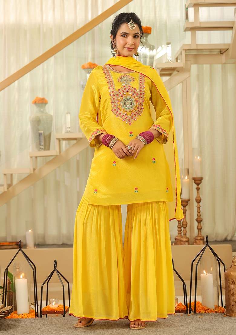 Yellow Embroidered Tissue Sharara Set - Indya