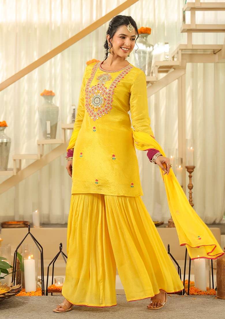 Yellow Embroidered Tissue Sharara Set - Indya