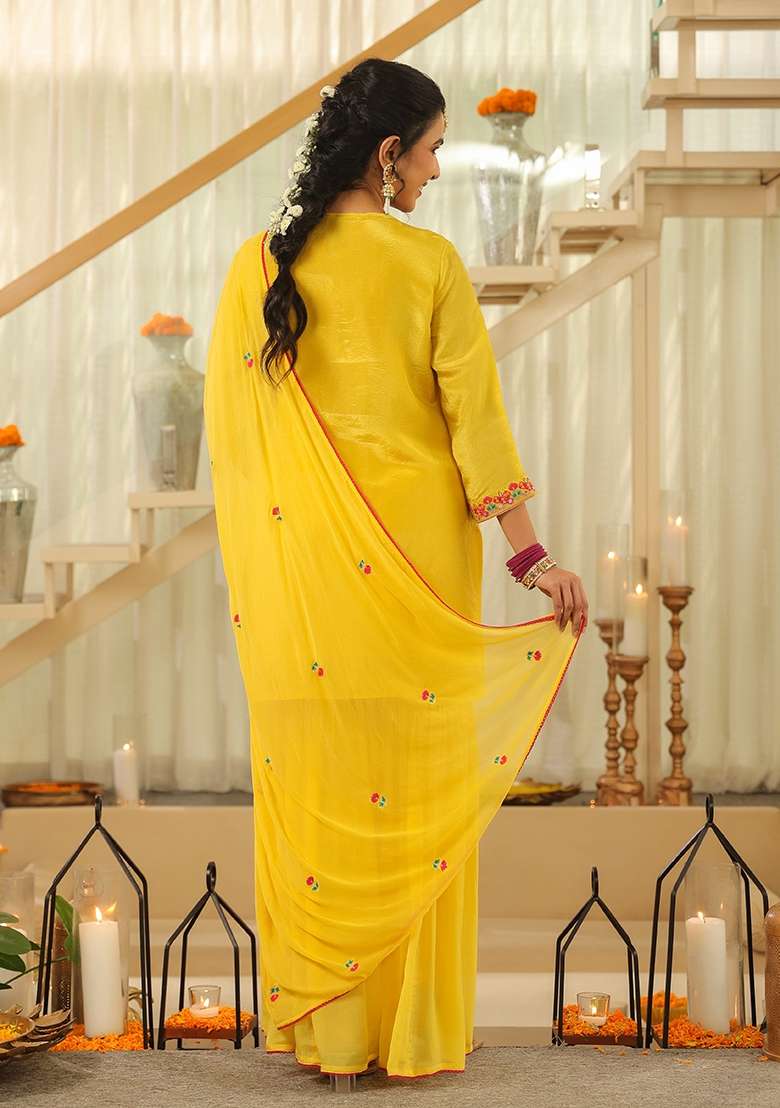 Yellow Embroidered Tissue Sharara Set - Indya