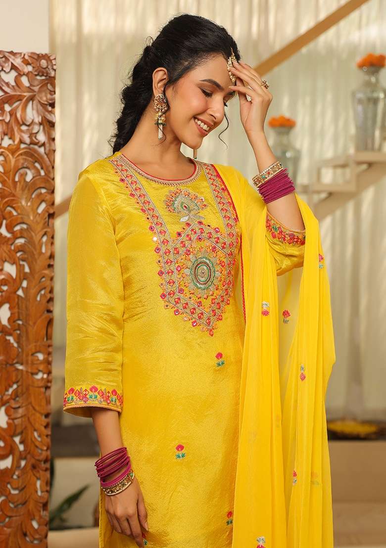 Yellow Embroidered Tissue Sharara Set - Indya