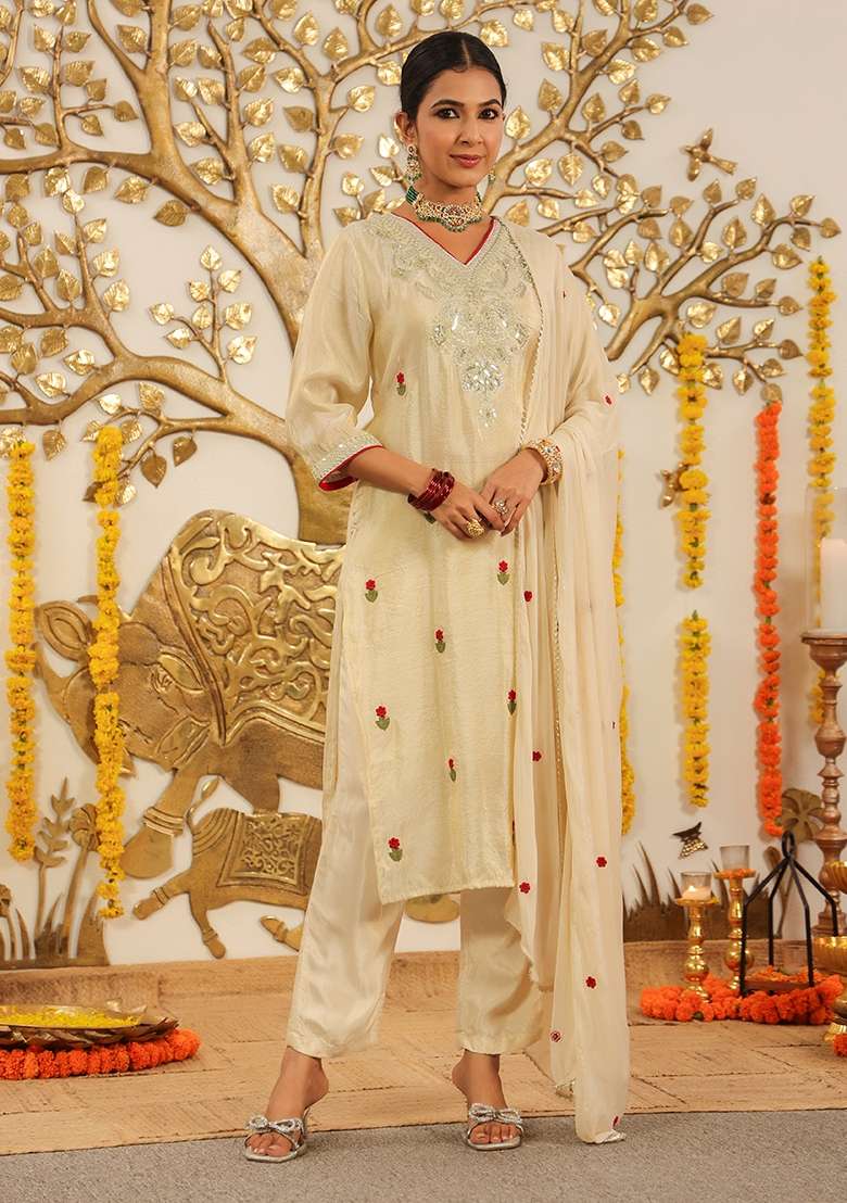 Ivory Embroidered Tissue Straight Kurta Set - Indya