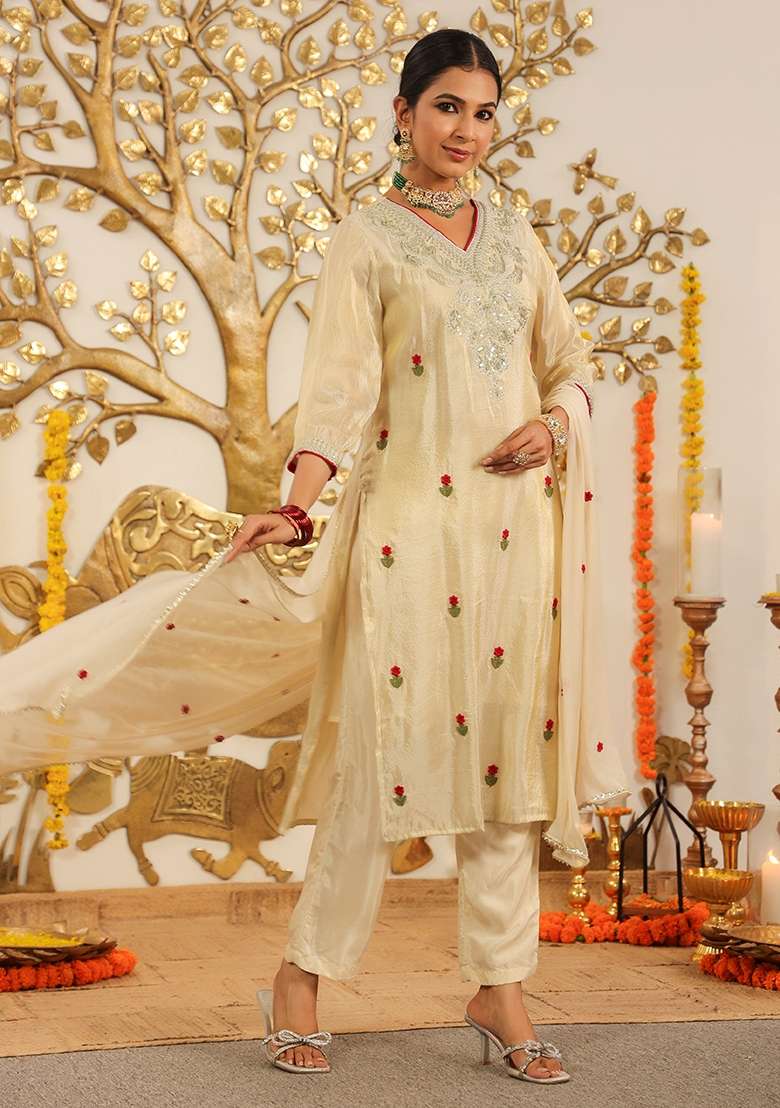 Ivory Embroidered Tissue Straight Kurta Set - Indya