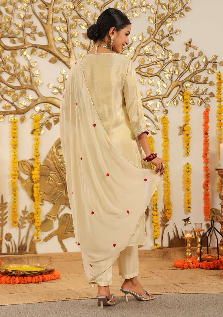 Ivory Embroidered Tissue Straight Kurta Set - Indya