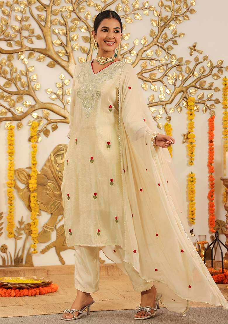 Ivory Embroidered Tissue Straight Kurta Set - Indya