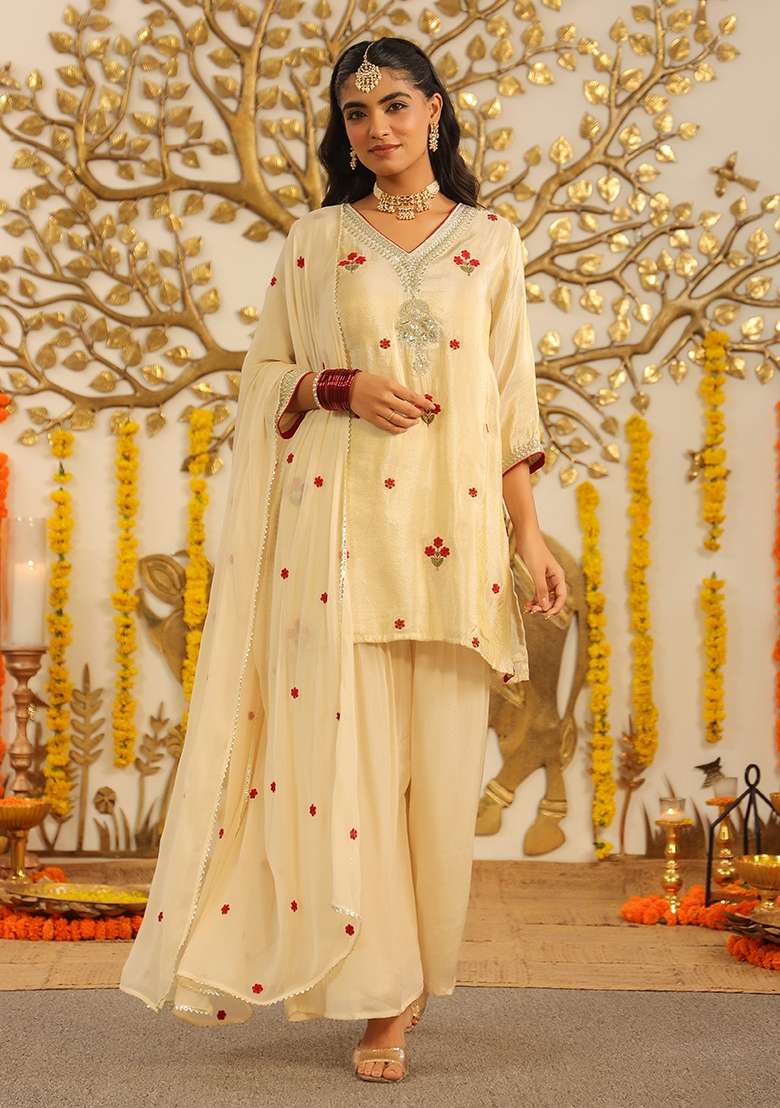 Ivory Embroidered Tissue Sharara Set - Indya