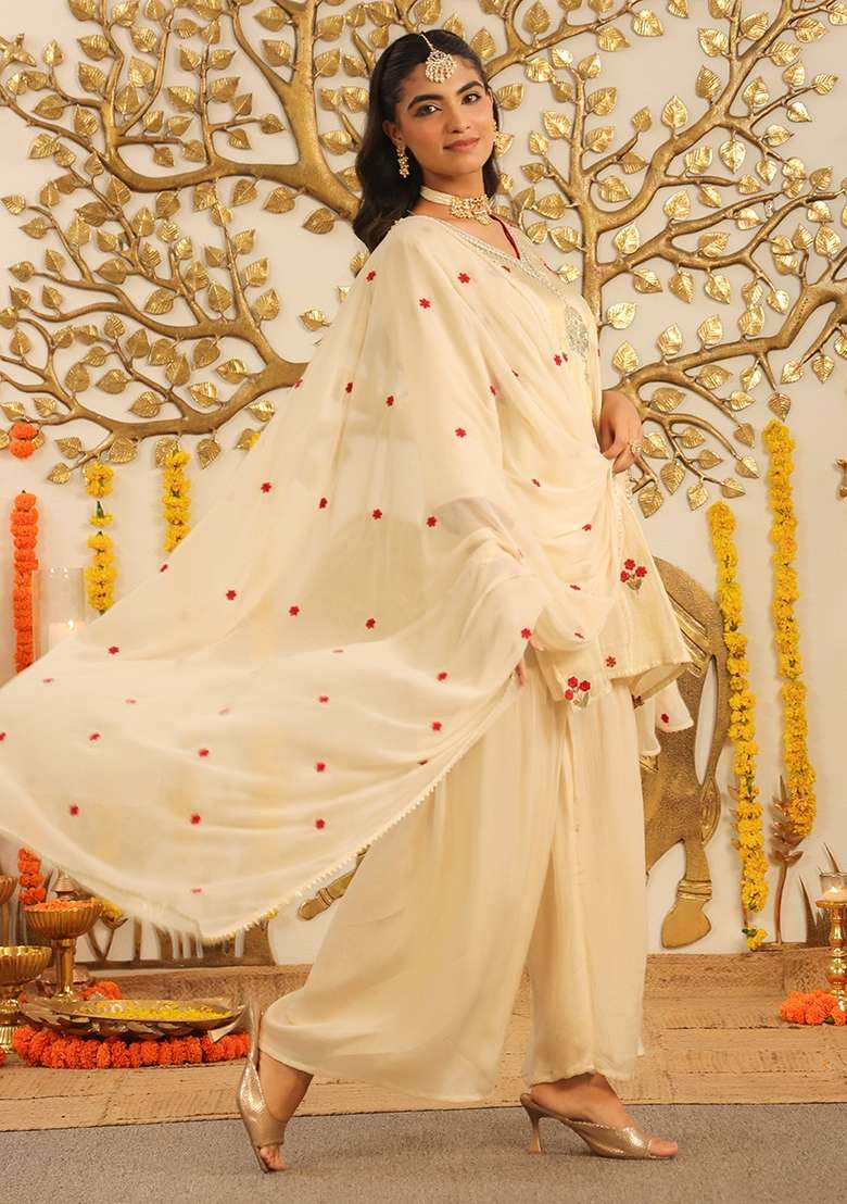 Ivory Embroidered Tissue Sharara Set - Indya