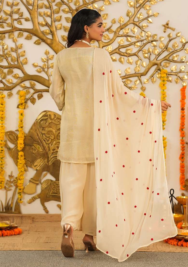 Ivory Embroidered Tissue Sharara Set - Indya