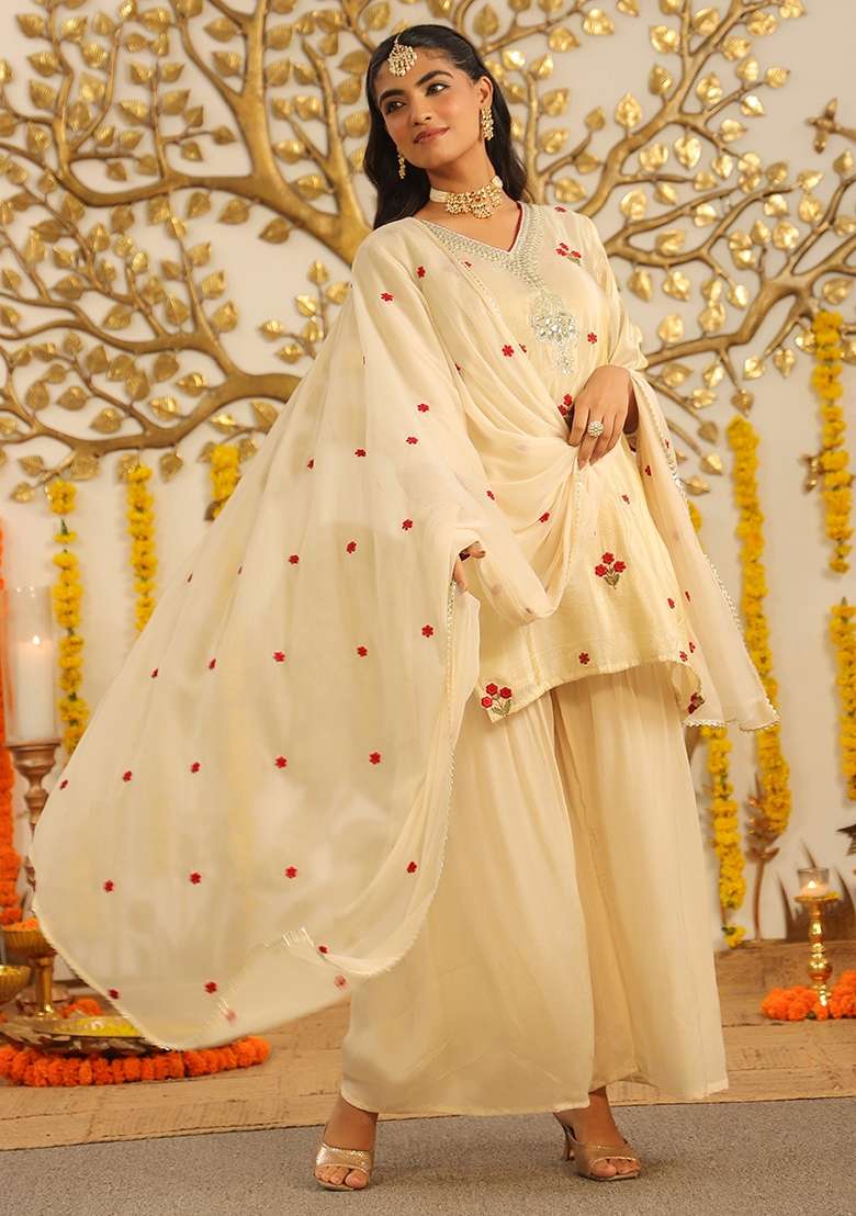 Ivory Embroidered Tissue Sharara Set - Indya
