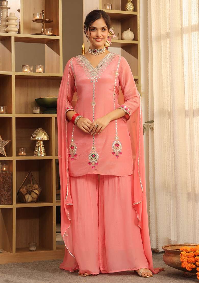 Rose Pink Embroidered Tissue Sharara Set - Indya