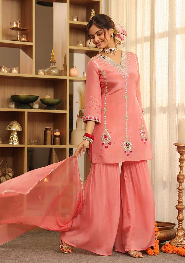 Rose Pink Embroidered Tissue Sharara Set - Indya