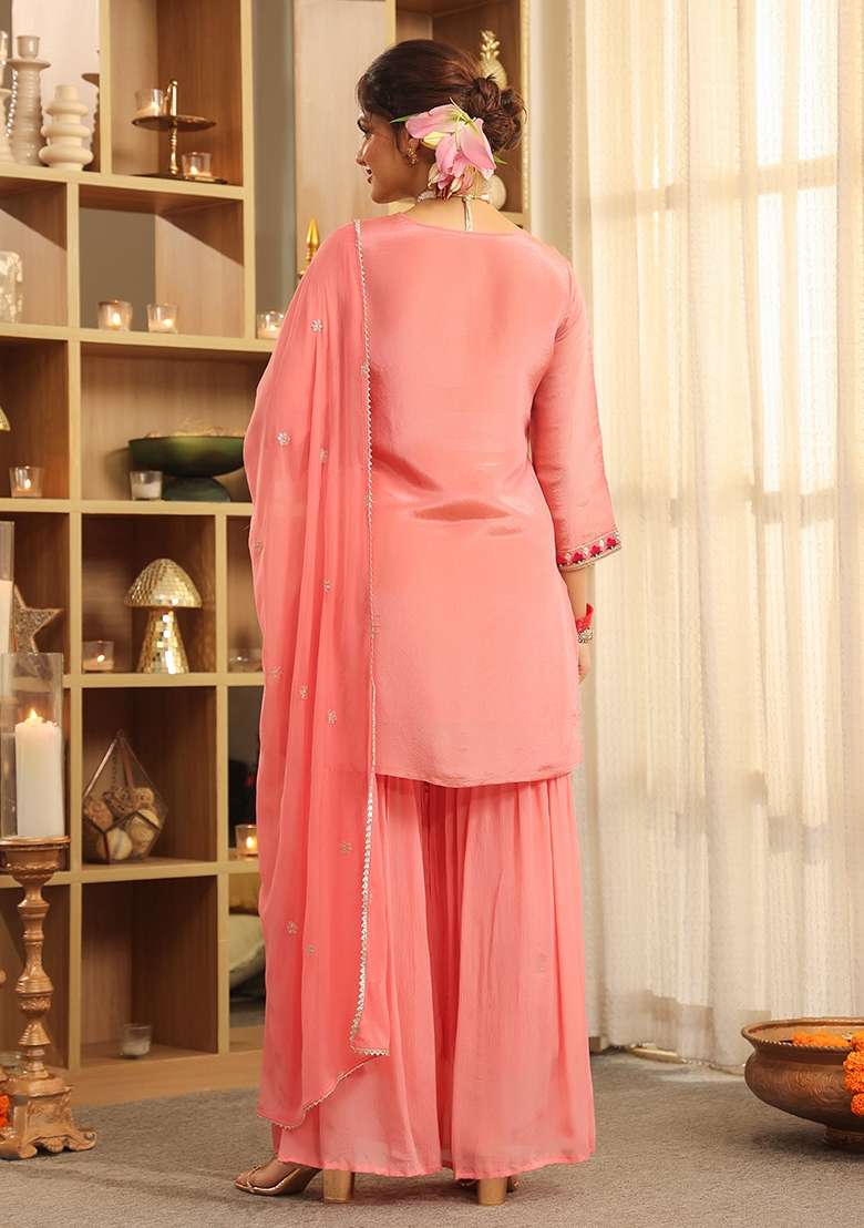 Rose Pink Embroidered Tissue Sharara Set - Indya
