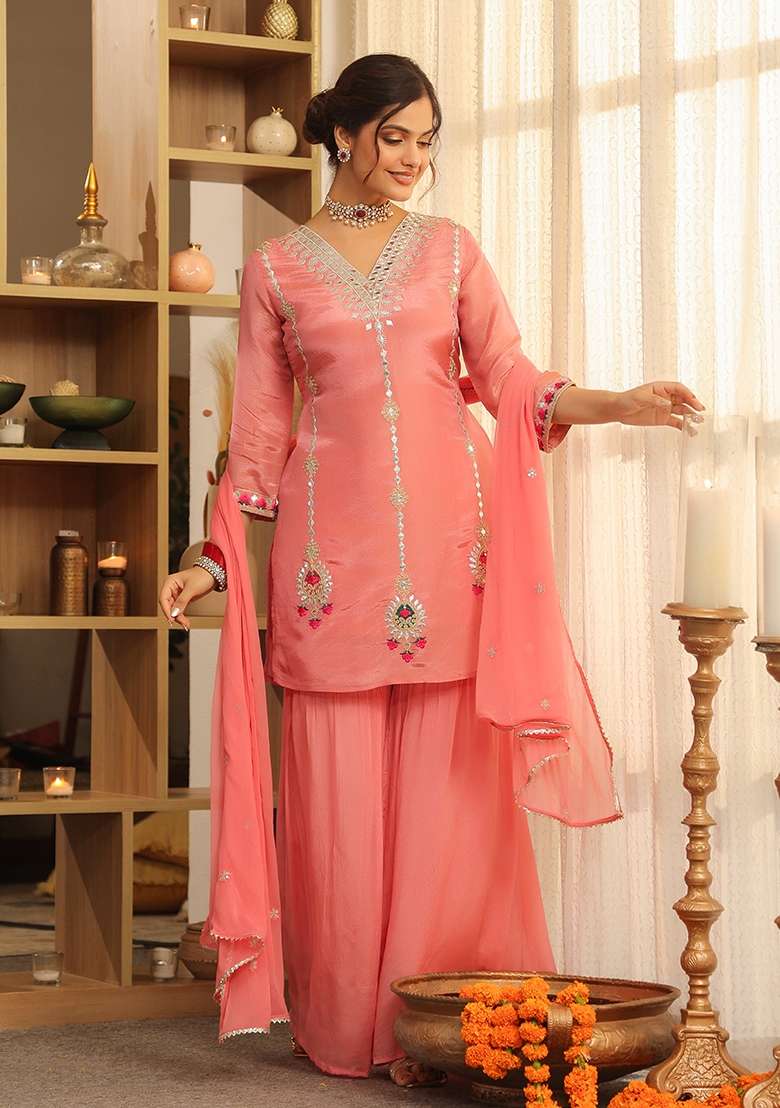 Rose Pink Embroidered Tissue Sharara Set - Indya