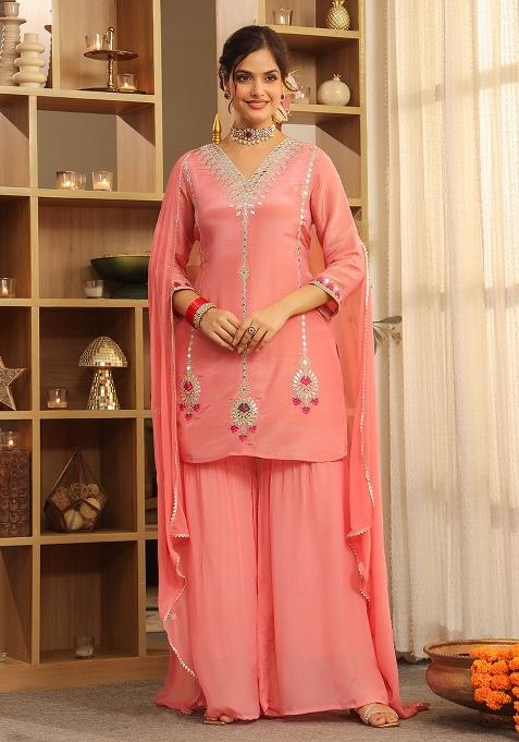 Rose Pink Embroidery Tissue Sharara Set