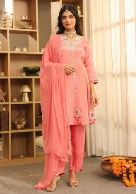 Rose Pink Embroidery Tissue Anarkali With Dupatta