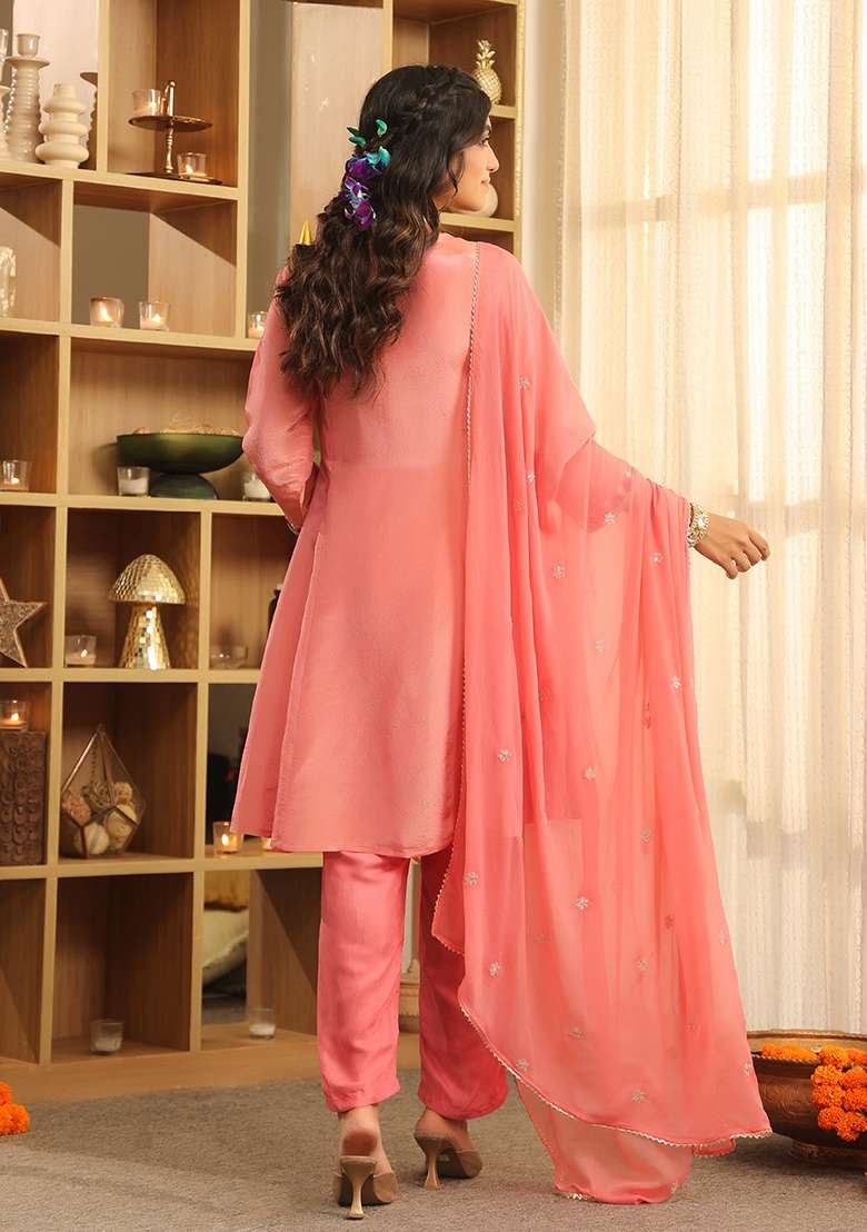 Rose Pink Embroidered Tissue Straight Kurta Set - Indya