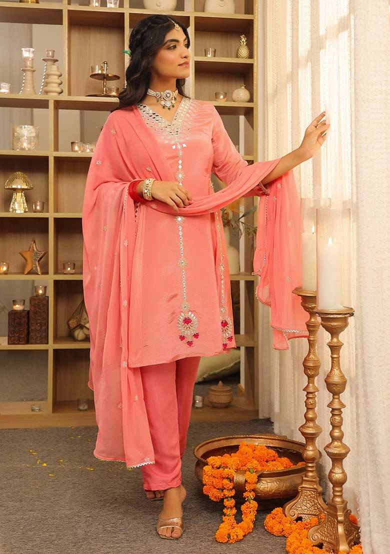 Rose Pink Embroidered Tissue Straight Kurta Set - Indya