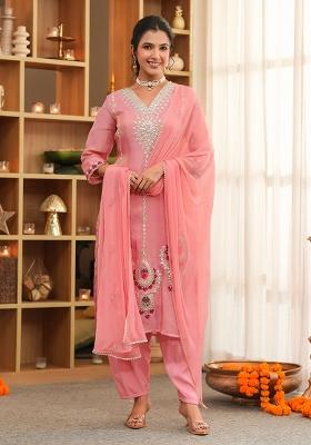 Rose Pink Embroidery Tissue Straight Kurta Set