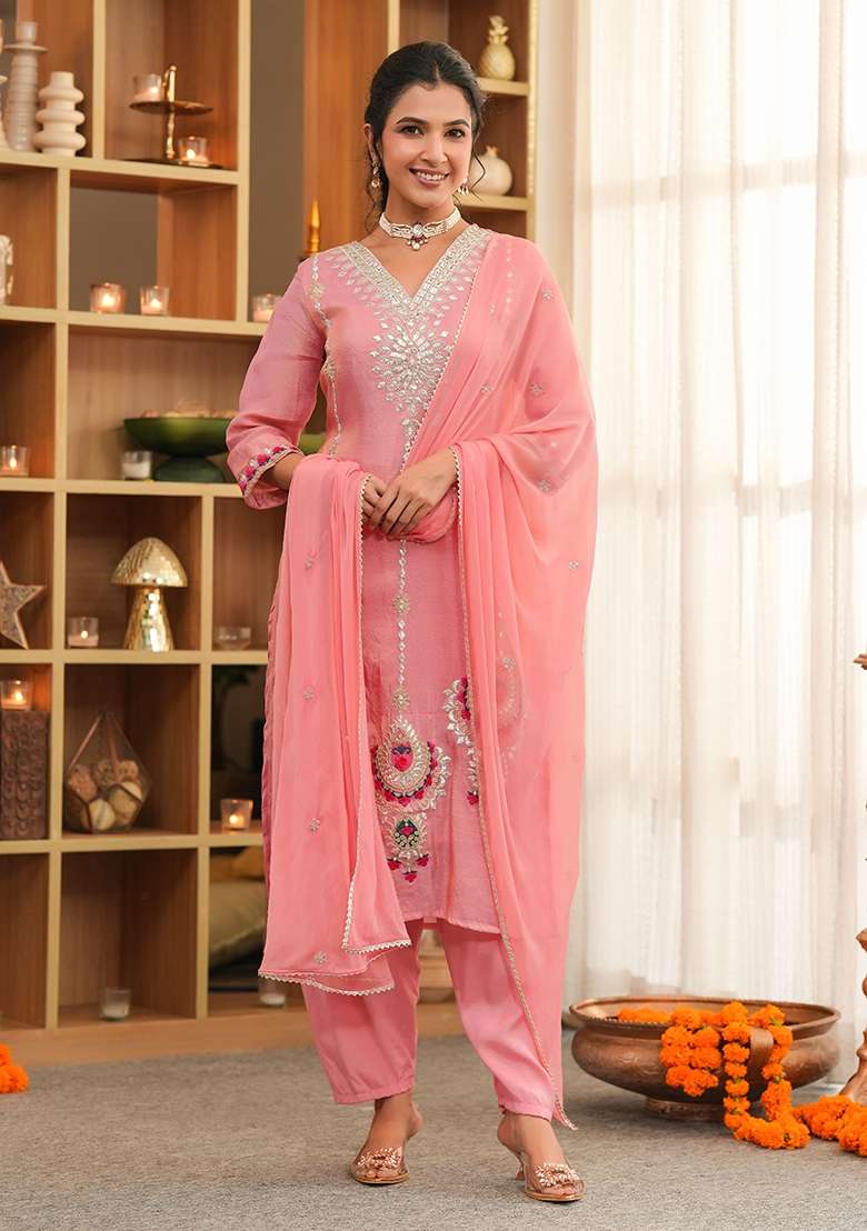 Rose Pink Embroidered Tissue Straight Kurta Set - Indya