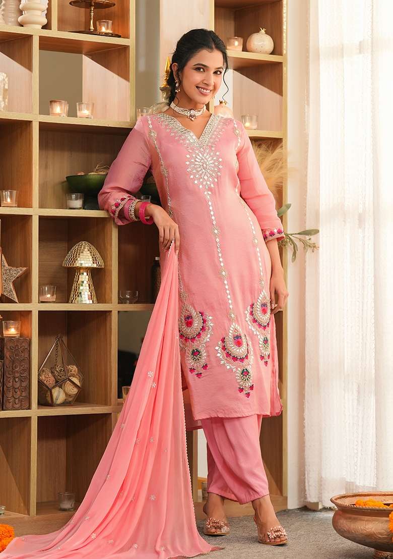Rose Pink Embroidered Tissue Straight Kurta Set - Indya