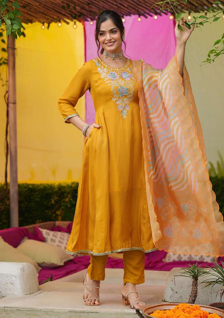 Mustard Embroidered Tissue A Line Kurta Set - Indya