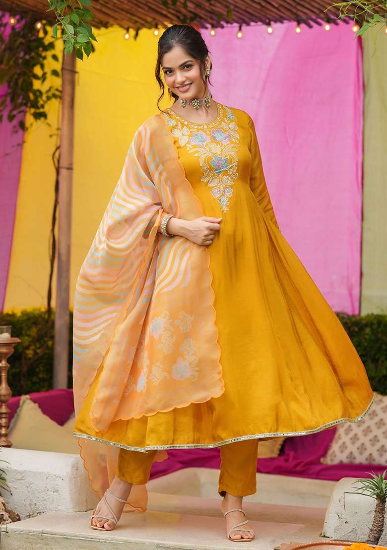 Mustard Embroidered Tissue A Line Kurta Set - Indya