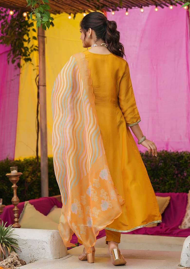 Mustard Embroidered Tissue A Line Kurta Set - Indya