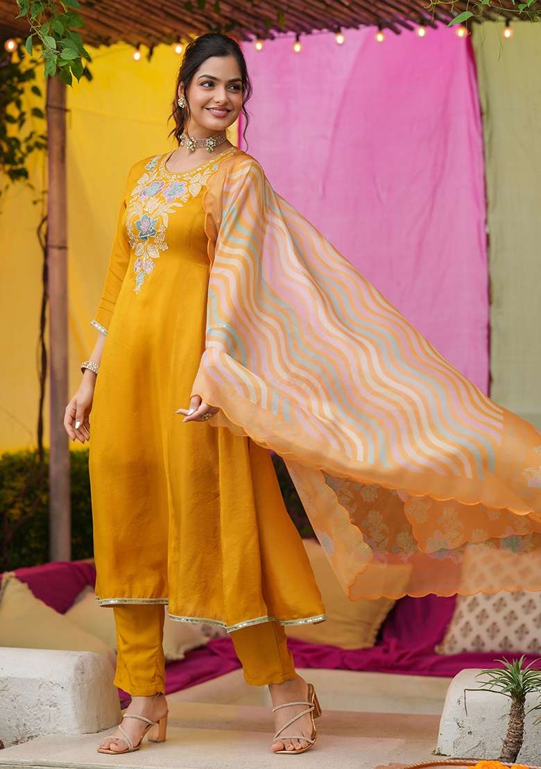 Mustard Embroidered Tissue A Line Kurta Set - Indya