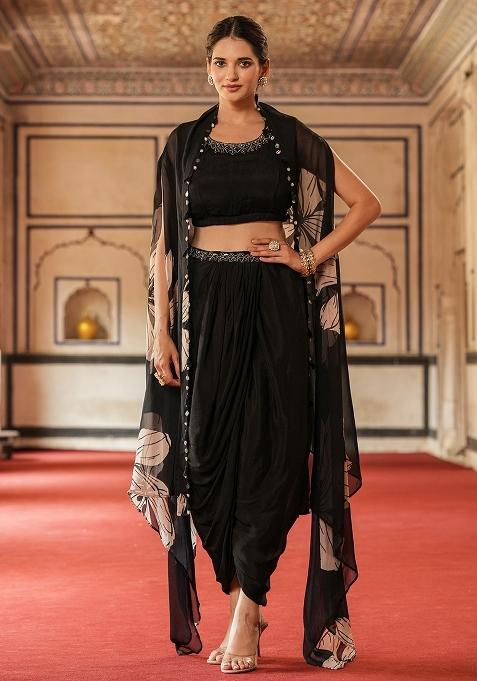 Black Embroidery Silk Cape Set