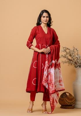 Red Tie And Dye Cotton Kurta Set