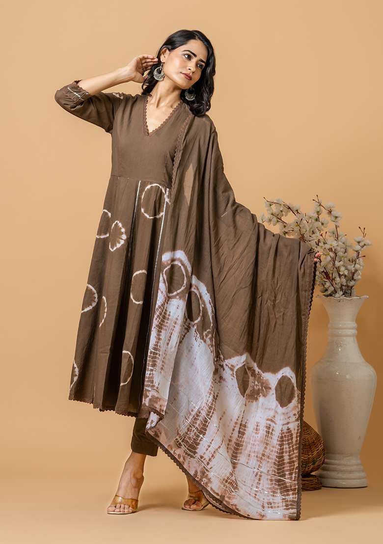 Brown Tie And Dye Cotton Anarkali Set - Indya