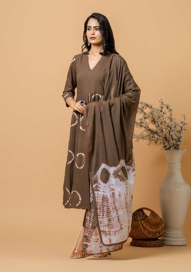 Brown Tie And Dye Cotton Anarkali Set - Indya
