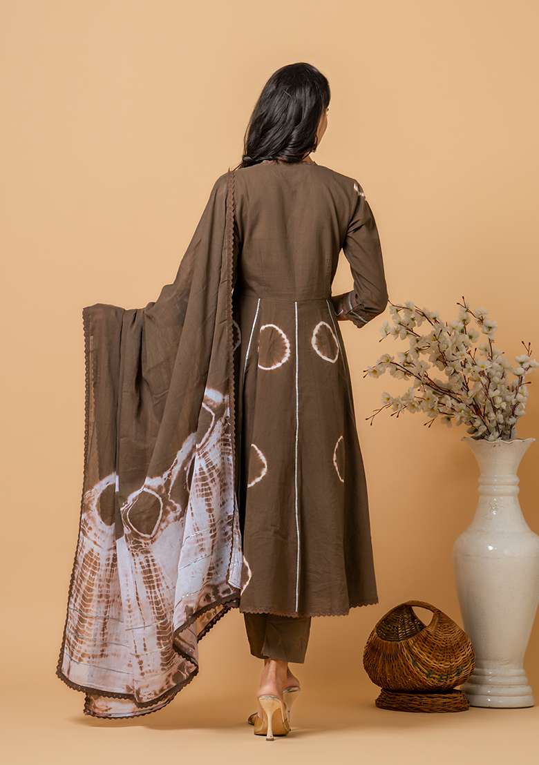 Brown Tie And Dye Cotton Anarkali Set - Indya