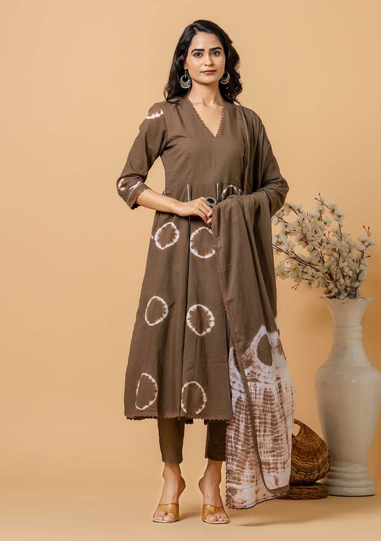 Brown Tie And Dye Cotton Anarkali Set - Indya