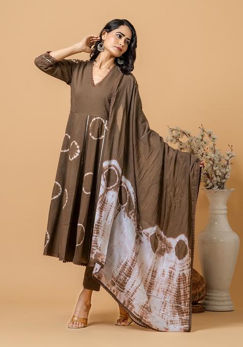 Brown Tie And Dye Cotton Anarkali Set
