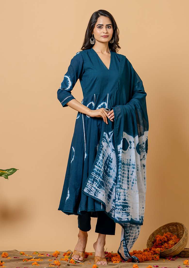 Peacock Blue Tie And Dye Cotton Anarkali Set - Indya