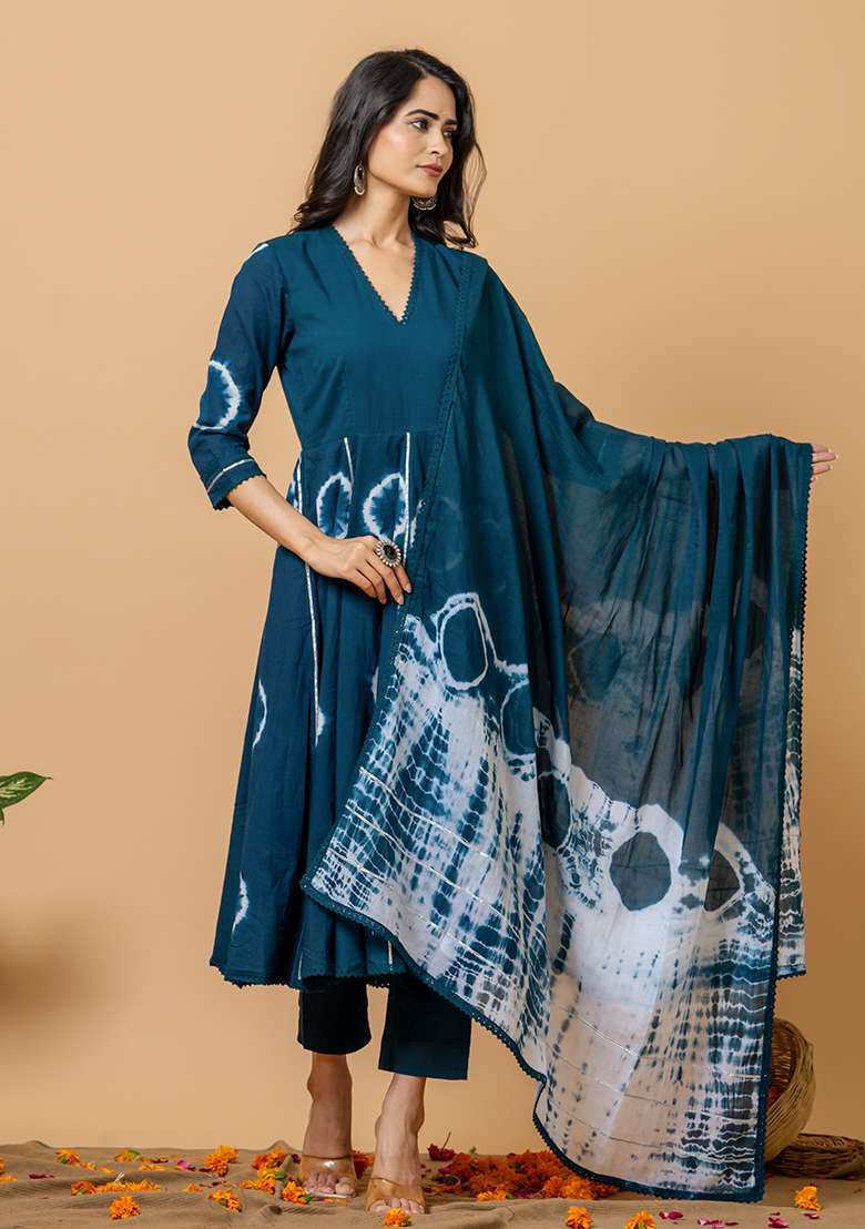 Peacock Blue Tie And Dye Cotton Anarkali Set - Indya