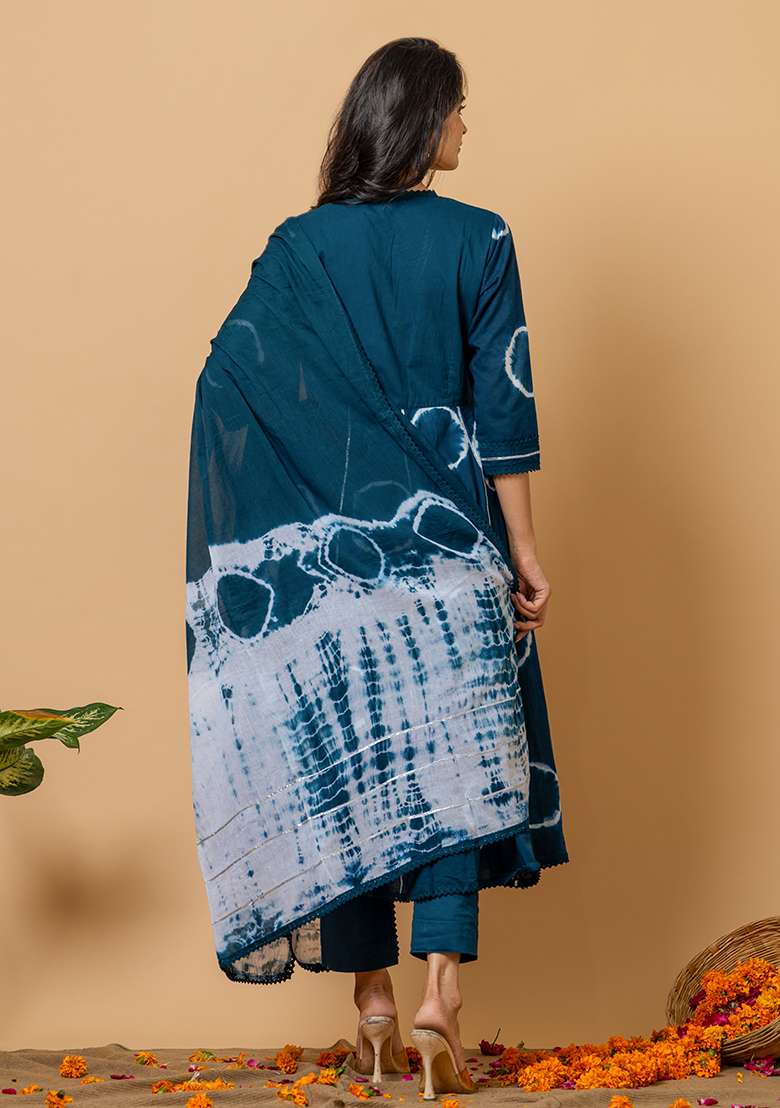 Peacock Blue Tie And Dye Cotton Anarkali Set - Indya