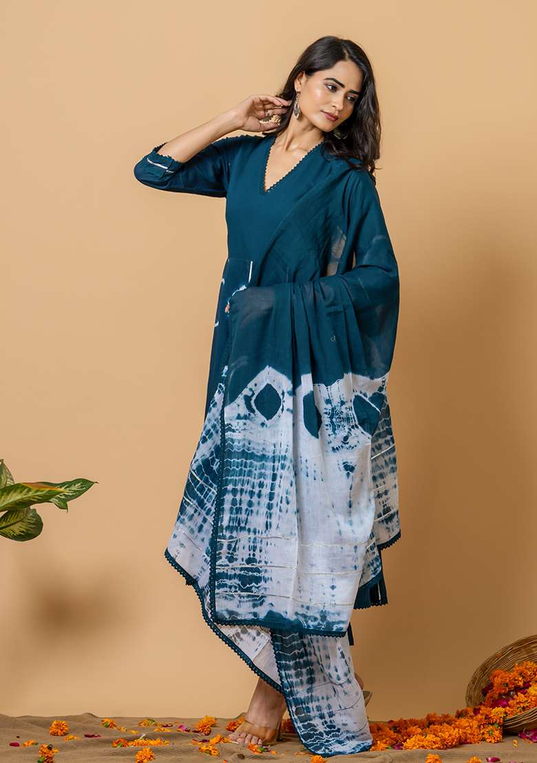 Peacock Blue Tie And Dye Cotton Anarkali Set - Indya