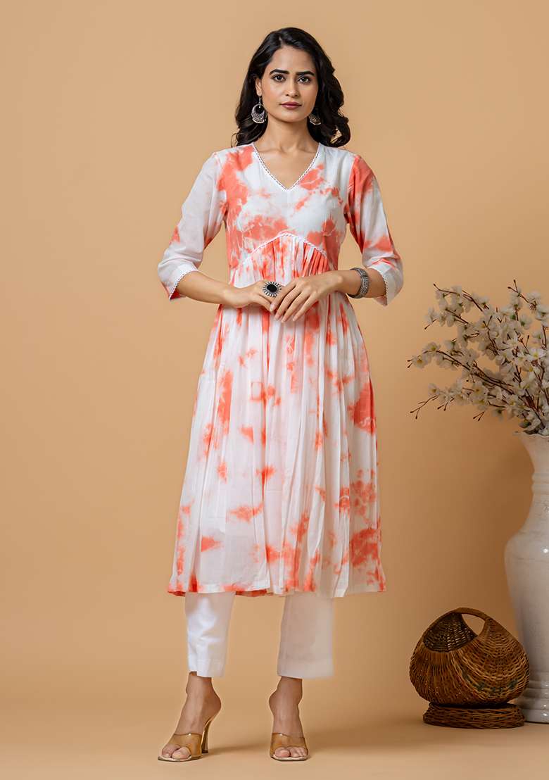 Peach Tie And Dye Cotton Anarkali Set - Indya