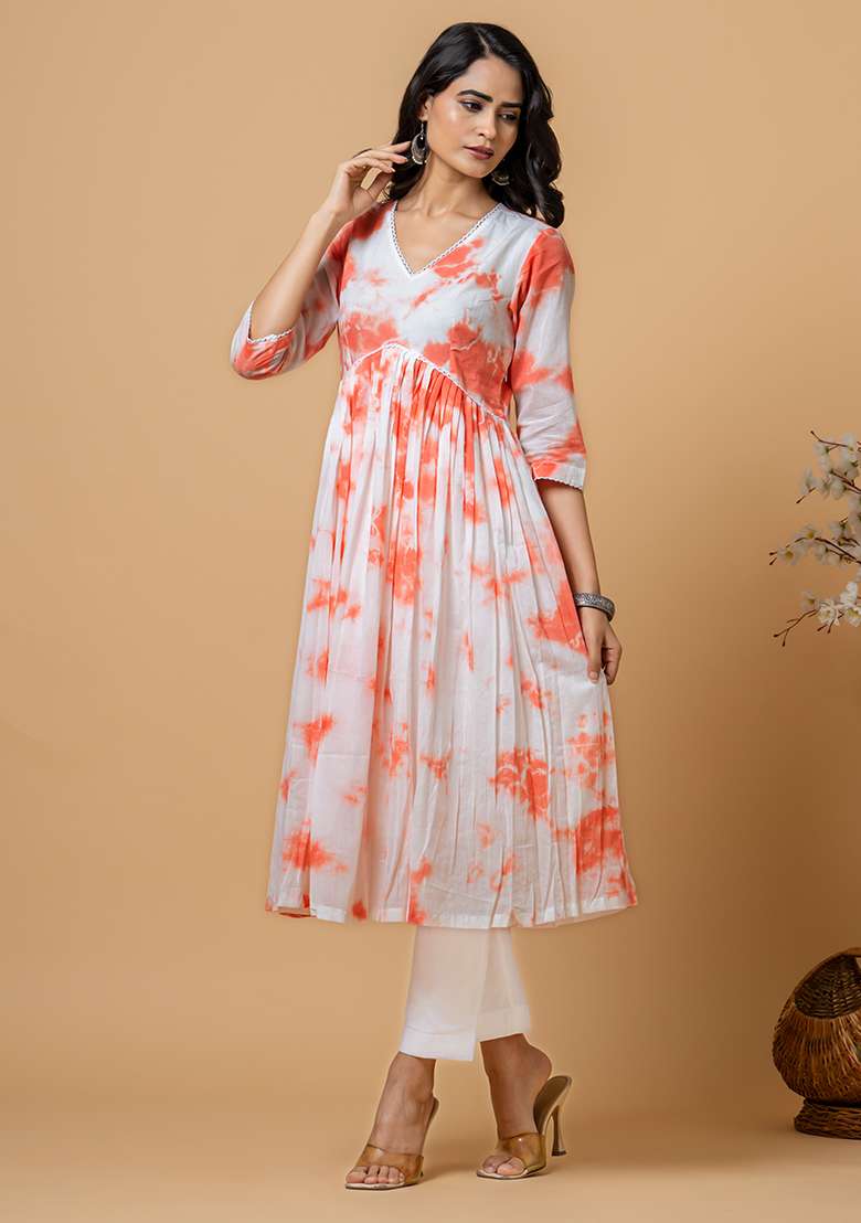 Peach Tie And Dye Cotton Anarkali Set - Indya