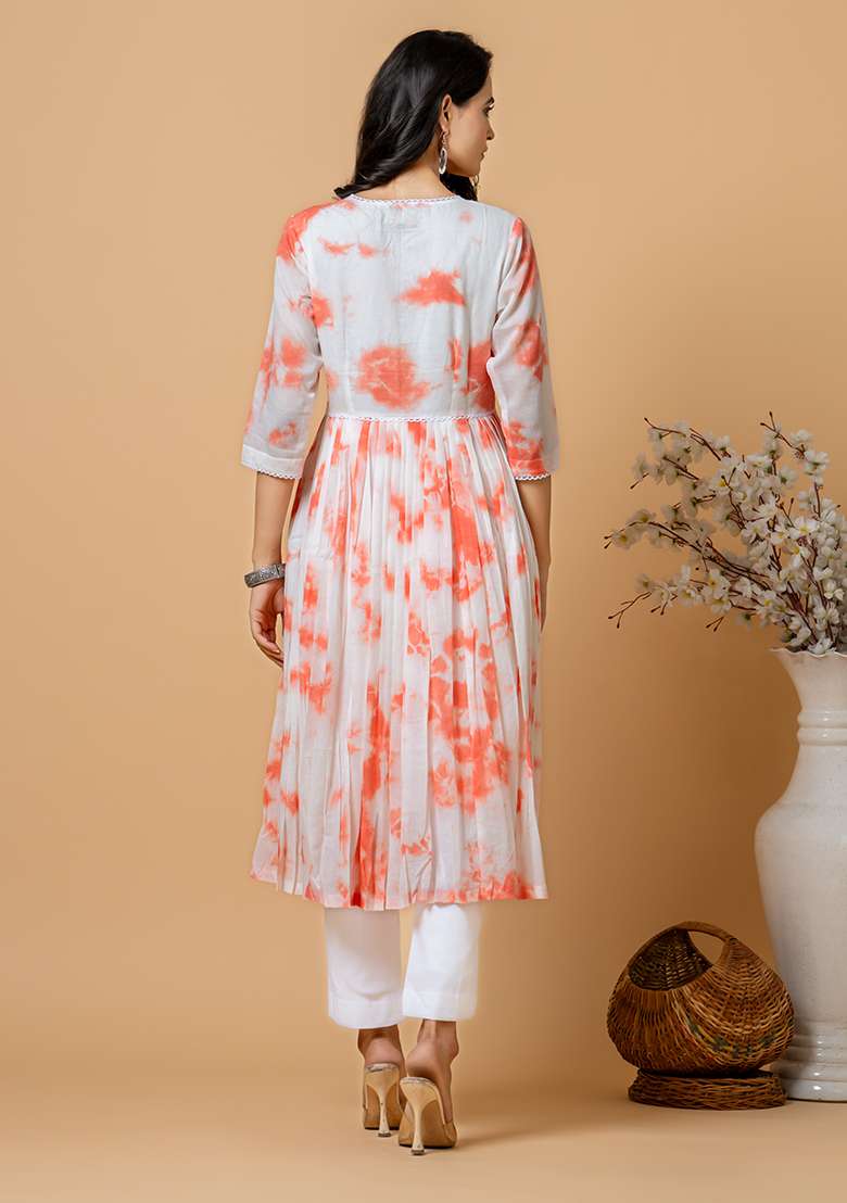 Peach Tie And Dye Cotton Anarkali Set - Indya
