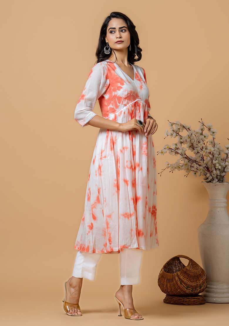 Peach Tie And Dye Cotton Anarkali Set - Indya