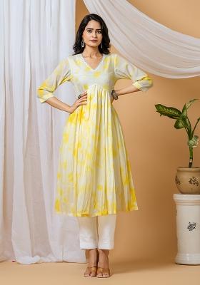 Yellow Tie And Dye Cotton Kurta Set
