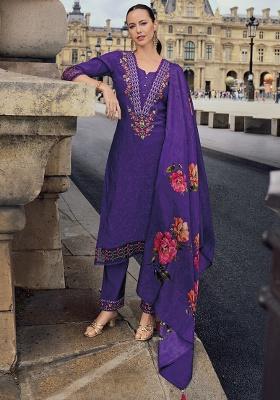 Purple Embroidery Silk Kurta Set
