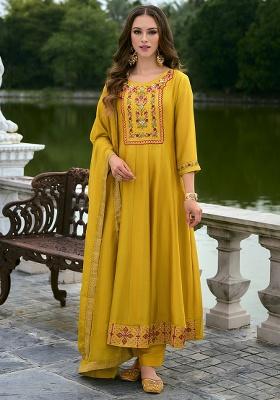 Yellow Embroidery Silk Kurta Set