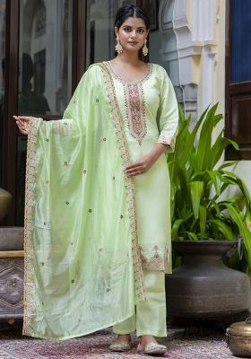 Pista Embroidery Silk Kurta Set