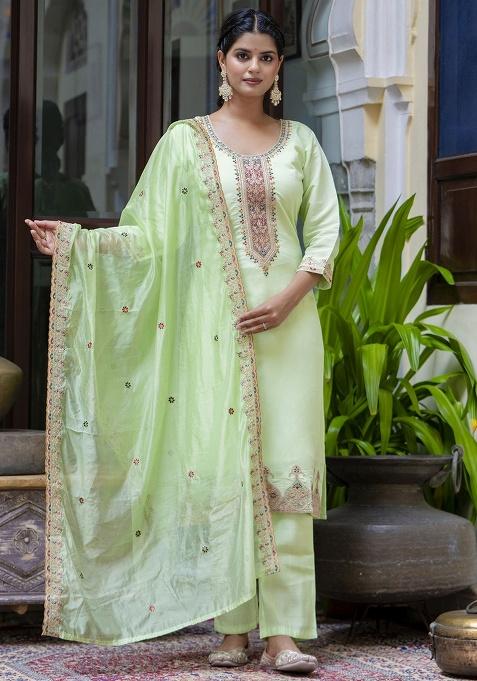 Pista Embroidery Silk Kurta Set